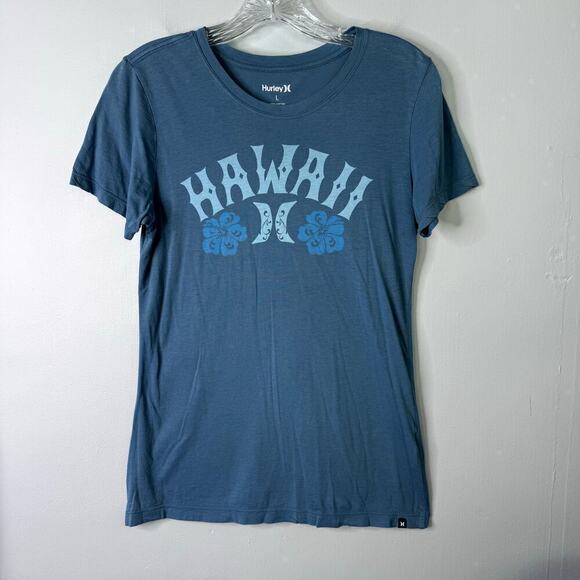 Hurley Hawaii Hibiscus Tropical Flower Graphic Blue T-Shirt Juniors's Size L - Picture 1 of 11